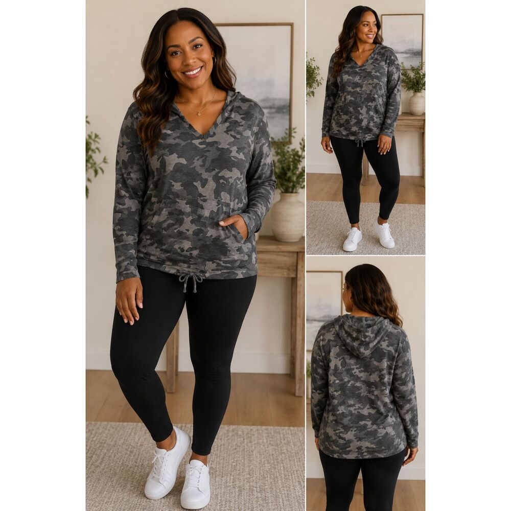 LIVI Gray & Green Camo Hooded Pullover Top Drawstring Hem Kangaroo Pocket Size L